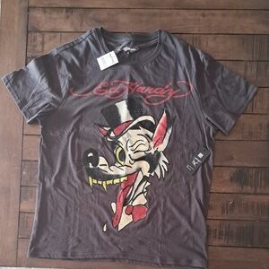 Ed Hardy Black T-Shirt with Cartoon Wolf and Red Logo